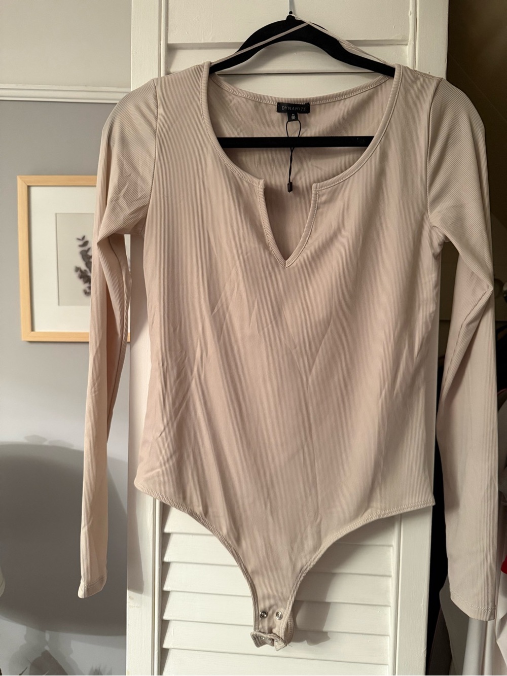 Dynamite Long-Sleeve Scoop V Bodysuit in Light Beige